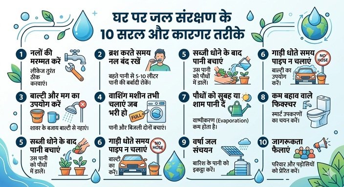 जल संरक्षण घर पर तरीके इन्फोग्राफिक